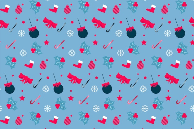 Creatief naadloos kerstpatroon met decoratieballen en rode linten Eindeloos abstract patroon voor lakens en inpakpapier Minimale kerstpatroonvector met ijzig blauwe achtergrond