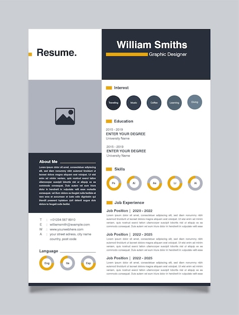 Creatief professioneel CV CV-sjabloonontwerp donkerblauw en geel concept