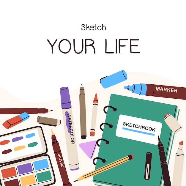 Creatief schetsen hobby kaartontwerp Kunstgereedschappen schetsboek frase citaat over tekenen Vierkante vorm post achtergrond omslag sjabloon met artistieke benodigdheden notitieboek Platte vector illustratie