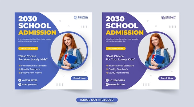 Creatief schooltoelating sjabloonontwerp met ronde vormen Educatieve sociale media post vector met paarse en blauwe kleuren School toelating en academische cursus promotie sjabloon vector