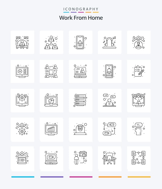 Creatief werk vanuit huis 25 outline icon pack zoals het delen van housemuziek headset ontspannen