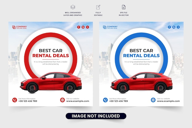 Creatieve autoverhuur deal promotie poster vector met tijdelijke aanduidingen voor foto's Huur een auto zakelijke advertentie sjabloonontwerp met rode en blauwe kleuren Autoverhuur social media post vector