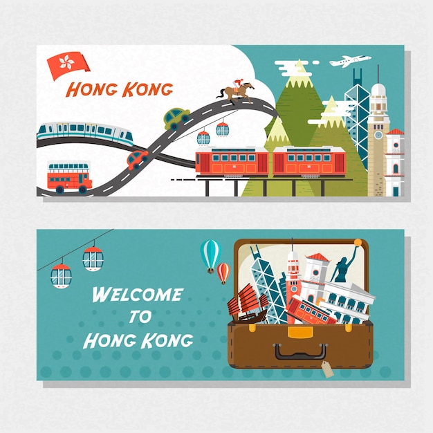 Creatieve banner voor reisattracties in hong kong in flat