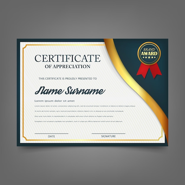 Creatieve certificaat van waardering award sjabloon. Certificaatsjabloonontwerp met het beste prijssymbool en blauwe en gouden vormen en badge. geïsoleerd op de achtergrond. Vector illustratie. Eps 10.
