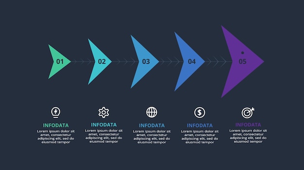 Creatieve donkere infographic met 5 elementen sjabloon voor web op een zwarte achtergrond bedrijfspresentatie