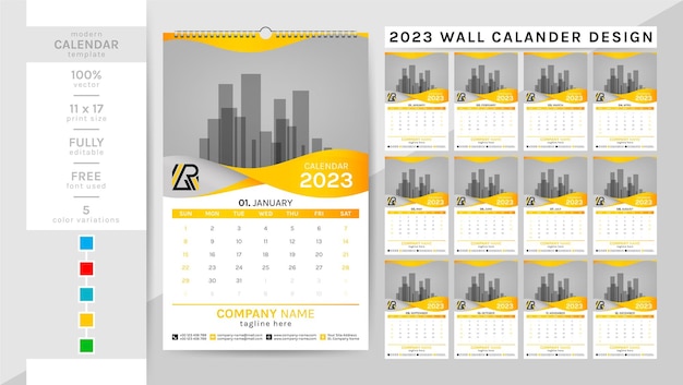 Creatieve elegante wandkalender en planner dagboeksjabloon voor het jaar 2023.