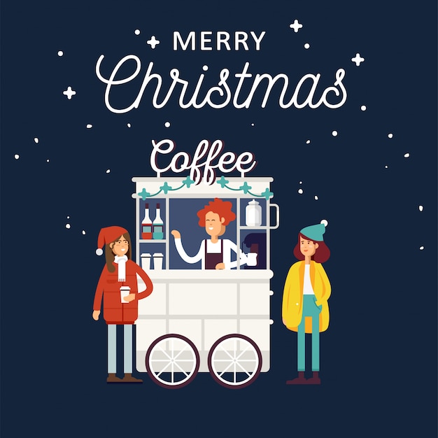 Creatieve gedetailleerde straatkoffiekar of winkel met espressomachine, siroopflessen, wegwerpbekers en met verkoper. jonge mensen die koffie drinken. kerstmarkt.