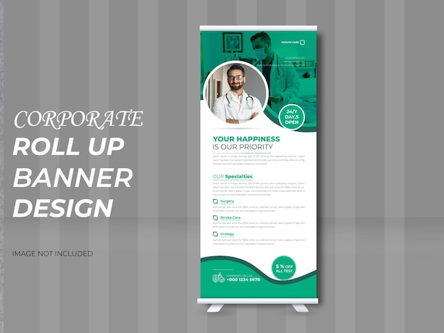 Vector creatieve gezondheidszorg en medische roll-up banner sjabloonontwerp