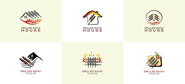 Creatieve handgetekende gegrilde saté-logo-ontwerpcollectie