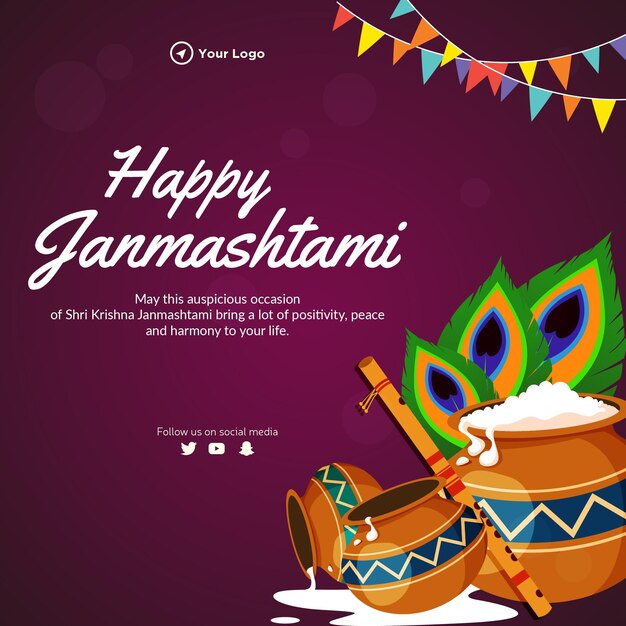 Vector creatieve happy krishna janmashtami banner ontwerpsjabloon