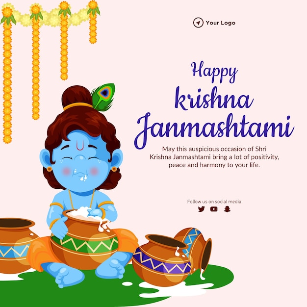 Creatieve Happy Krishna janmashtami banner ontwerpsjabloon