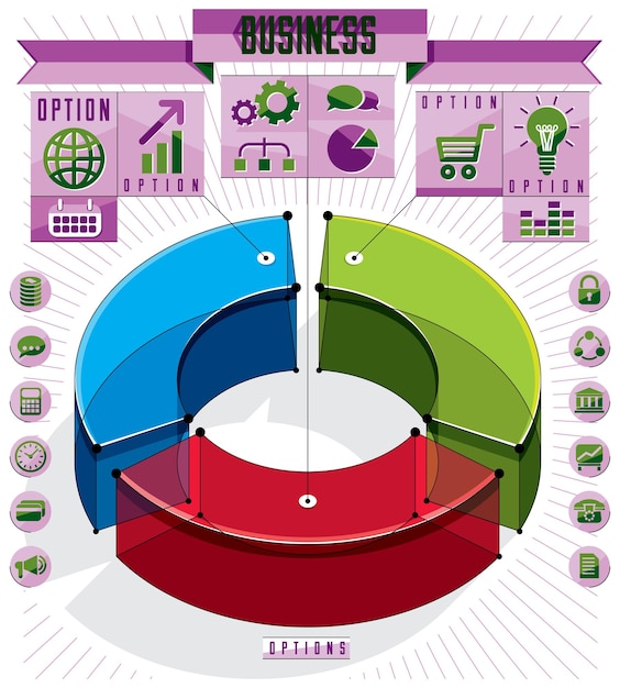 Creatieve infographics conceptuele compositie, drie sectoren 3d cirkel idee, vector lay-out illustratie.