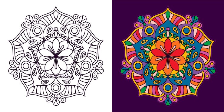 Vector creatieve kleurrijke mandala eenvoudige omtrek ontwerp perfect voor ontspannende kleurboeken stickers patronen