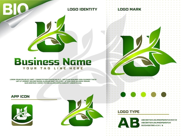 Creatieve letter u en moderne groene blad logo premium vector