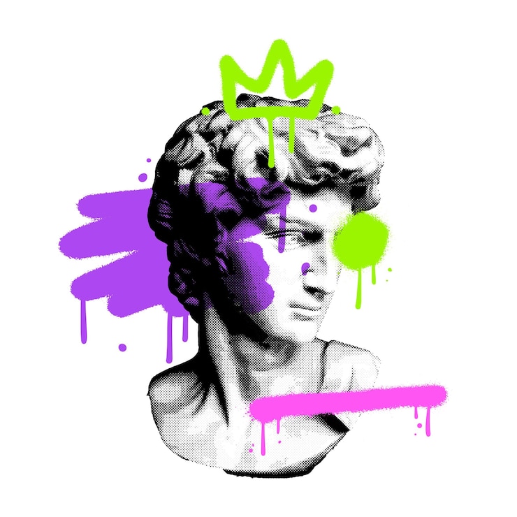 Vector creatieve moderne pop art poster met david sculpture buste en grungy graffiti abstracte elementen