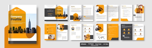 Creatieve oranje kleur zakelijke brochure en bedrijfsprofiel sjabloonlay-out premium vector