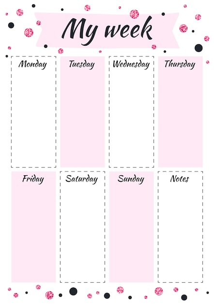 Creatieve planner MY WEEK met zwart en roze glitterpaillette