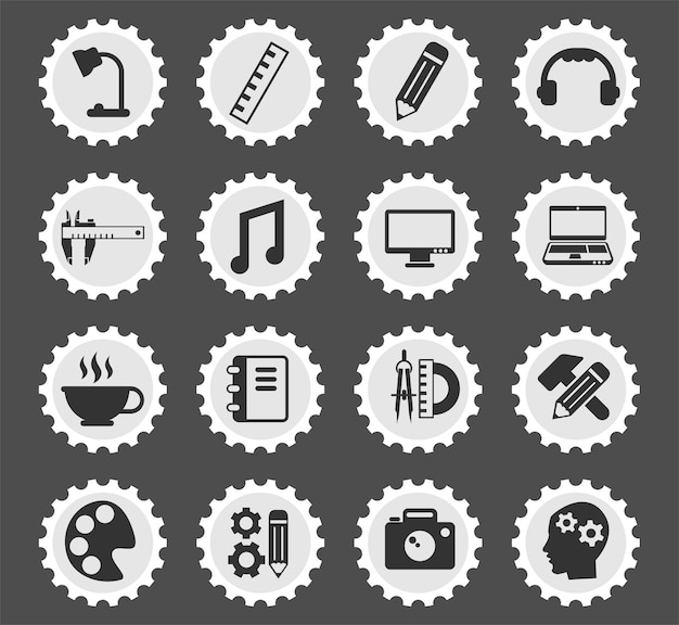 Creatieve processymbolen op een ronde postzegel gestileerde pictogrammen
