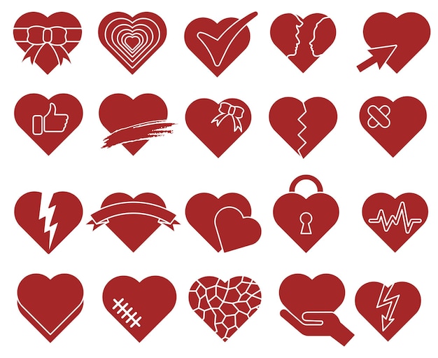 Creatieve romantische hartsymbolen van verschillende vormen geïsoleerd op witte achtergrond