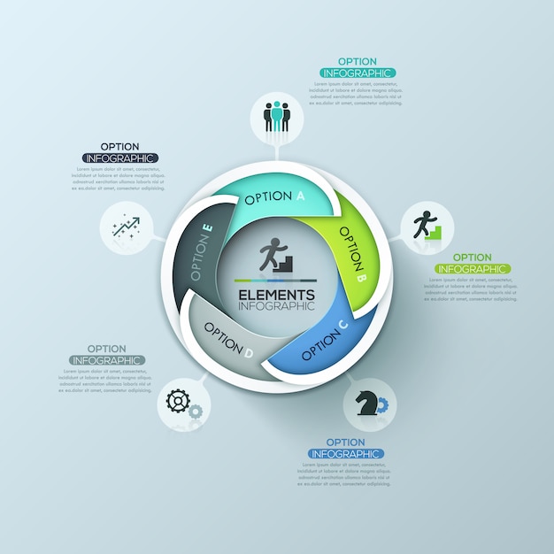 Creatieve ronde infographic ontwerplay-out met 5 letters overlappende elementen