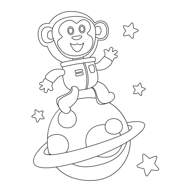 Creatieve vector kinderachtige illustratie van schattige kleine aap Astronaut in ruimte kleurboek