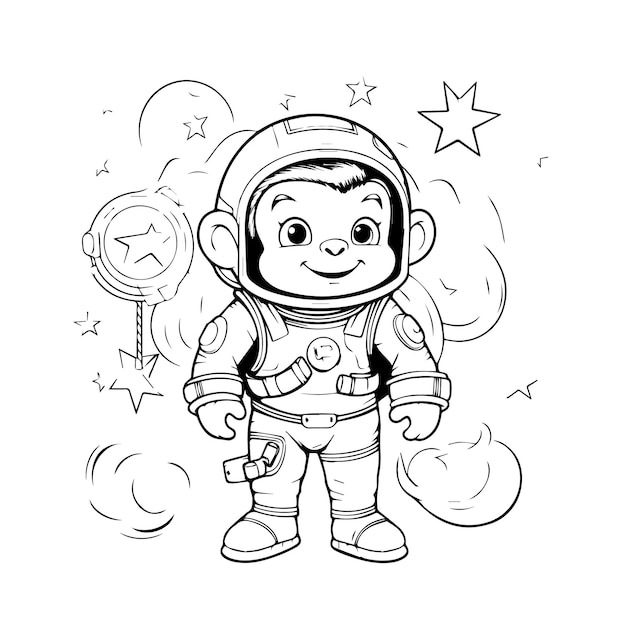 Creatieve vector kinderlijke illustratie van schattige kleine astronaut in de ruimte kleurboek of pagina