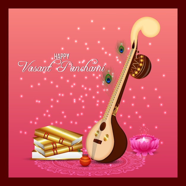 Creatieve Veena en boeken voor Happy Vasant Panchami Celebration Background