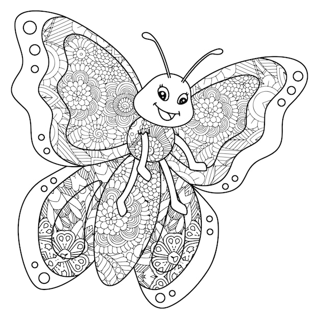 Vector creatieve vlinder in zentanglestijl met etnische bloemenornamenten kleurplaat