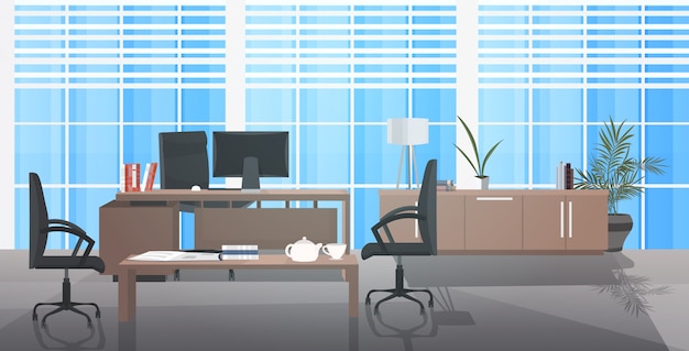 Vector creatieve werkplek leeg geen mensen kast met meubels modern kantoor interieur horizontaal