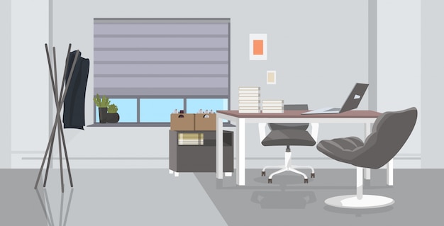 Creatieve werkplek leeg geen mensen kast met meubels moderne kantoor interieur schets