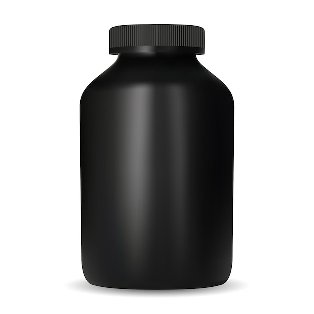 Creatine nutrition jar. Black design protein container mockup. Sport supplement pill tub template. Casein gainer can with screw cap, round vector blank. Fitness drug pack, muscle workout