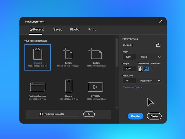 Vector creating a new document in a raster graphics editor selecting resolution formats getting started