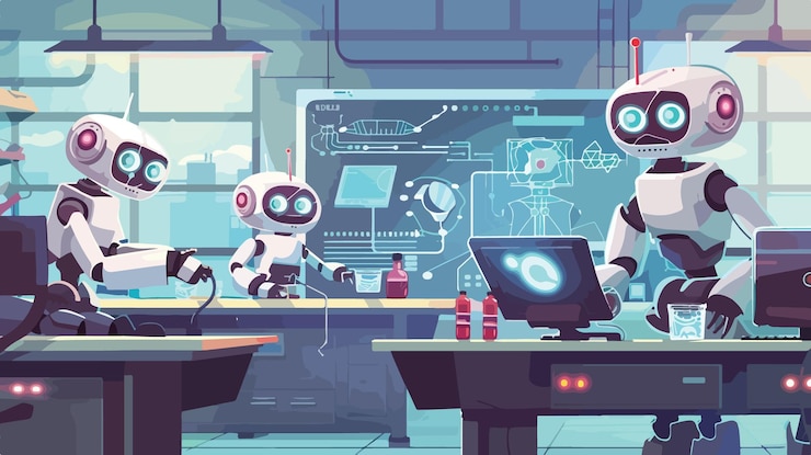Vector creating robots engineers building advanced robotics in science laboratory
