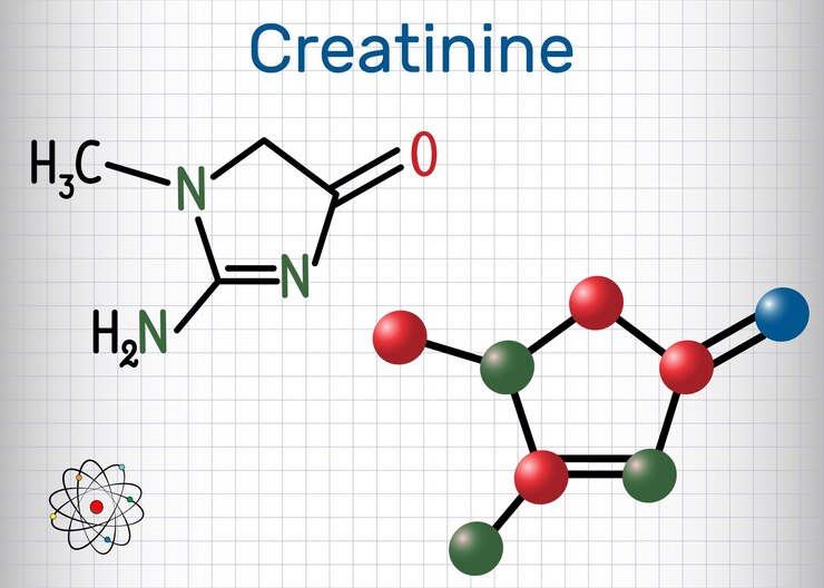 Vector creatinine molecule structural chemical formula and molecule model sheet of paper in a cage