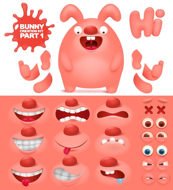 Creation kit of pink emoticon bunny character 