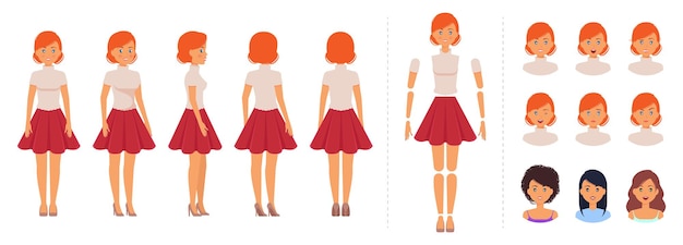 Set di creazione per personaggio femminile dei cartoni animati ragazza elegante per l'animazione con modello di emozioni