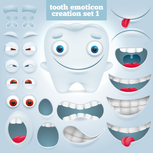Вектор Создание набора мультфильма зуб смайлик персонажа.