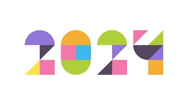 白い背景に分離された新年のカラフルなデザインの創造的な 2024 の幾何学的な数字