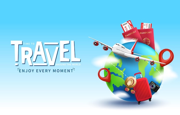 Creative 3D Realistic Time To Travel Banner Design with Luggage and Airplane one a Globe with Pins