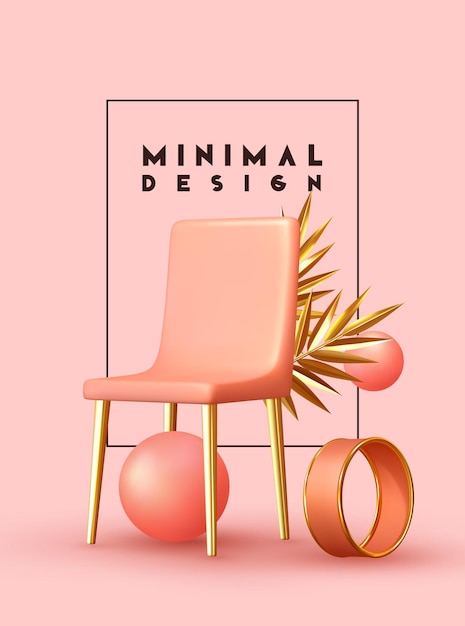 Vector creative abstract minimal background. realistic design 3d objects of different shapes, pink chair and golden palm branch leaves, coral sphere, ball round, balloons rose color. vector illustration