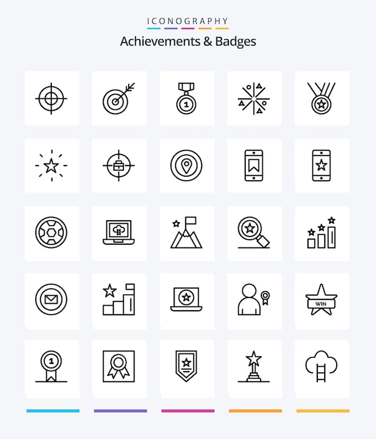 Creative Achievements Badges 메달과 같은 25개의 개요 아이콘 팩이 최고의 별 성과를 달성합니다.