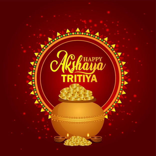Vettore sfondo di celebrazione creativo akshaya tritiya con vaso di monete d'oro