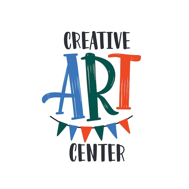 Creative art center flat vector logo. Drawing lessons, painting classes logotype design. Pennants, paper garland with lettering isolated on white background. Talented kids courses social media banner.