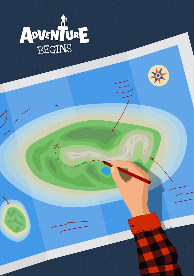 Vector creative art poster with hiker planning mountain adventure with map and compass perfect for trekking