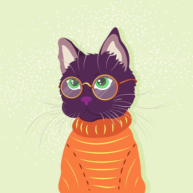 안경을 쓴 귀여운 고양이와 스웨터를 입은 창의적인 예술 카드 배너 초대장을 위한 카와이 일러스트레이션