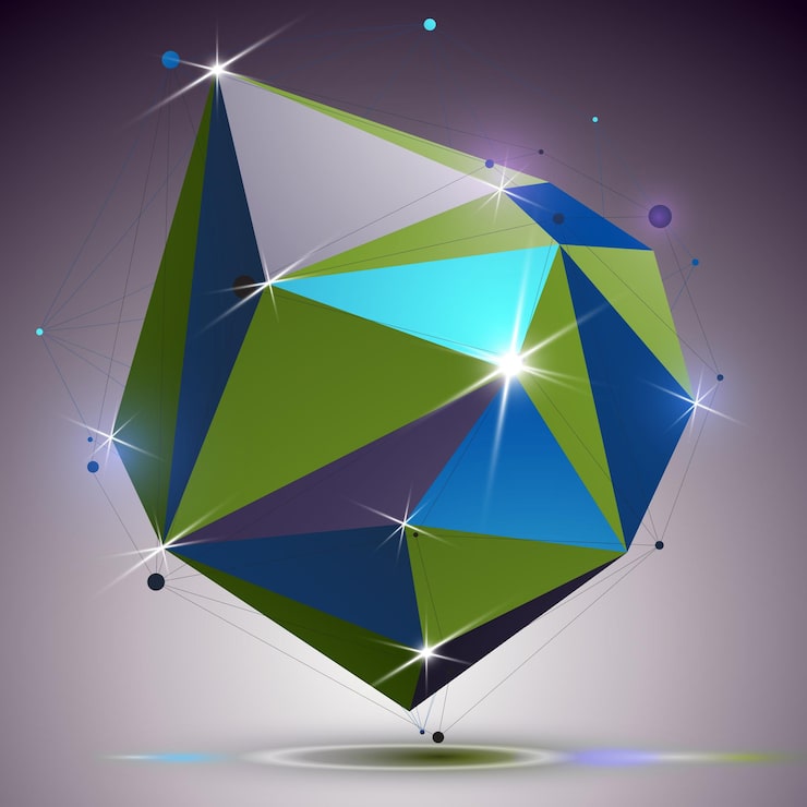 Vector creative asymmetric polished object with lines mesh. 3d colorful shiny complicated engineering abstraction with lights effect. bright netting modeling element.