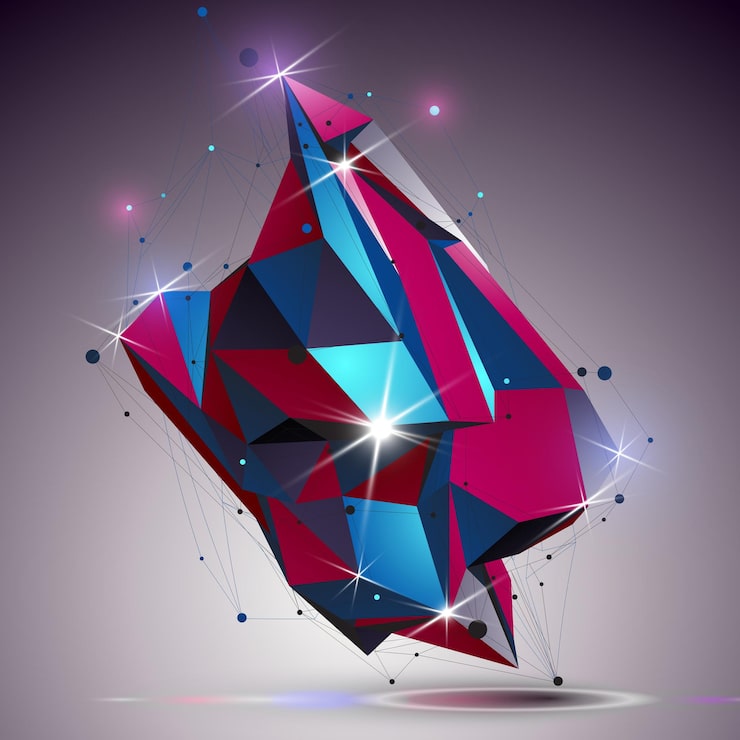 Vector 선 메쉬가 있는 창의적인 비대칭 광택 개체입니다. 조명 효과와 함께 3d 화려한 빛나는 복잡한 엔지니어링 추상화. 밝은 그물 모델링 요소.