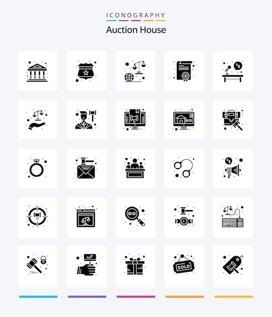 Creative auction 25 glyph solid black icon pack come il diploma di avvocato di grado globale del diploma elettorale