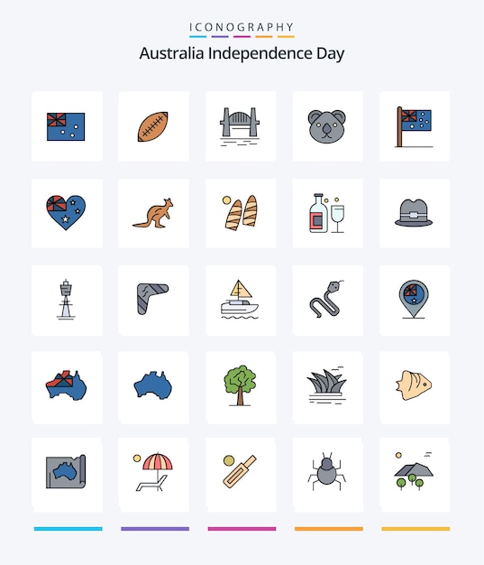 Creative australia independence day 25 line filled icon pack zoals australië sydney rugby ball harbour bridge