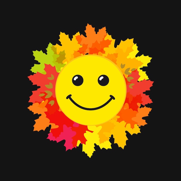 크리에이 티브 가을 이모티콘. 가 화려한 잎 만화 노란 얼굴입니다. 행복 한 추수 감사절 아이콘입니다.